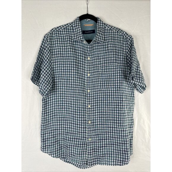 Tommy Bahama Button Up Shirt Mens Size L Blue Plaid Short Sleeve Linen Casual - Picture 1 of 13